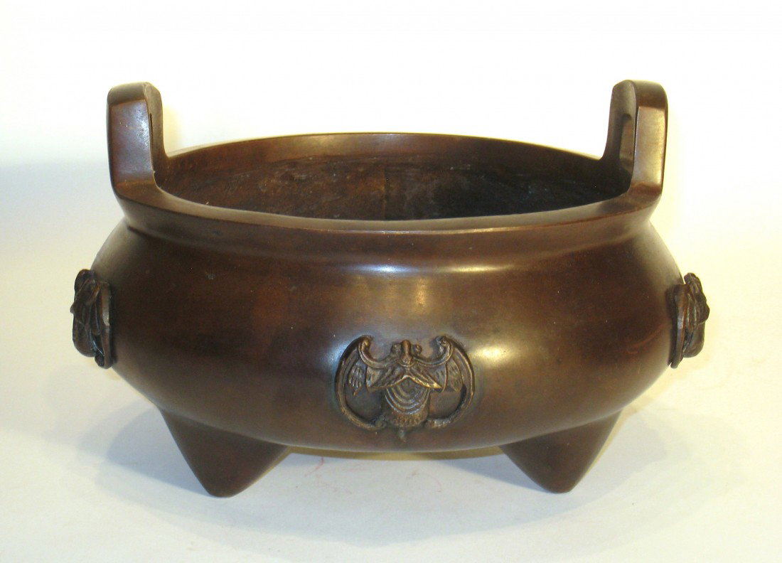 Bronze Incense Burner: A large 10" across bronze three footed incense burner, 5" in height with five applied winged bats of good fortune.