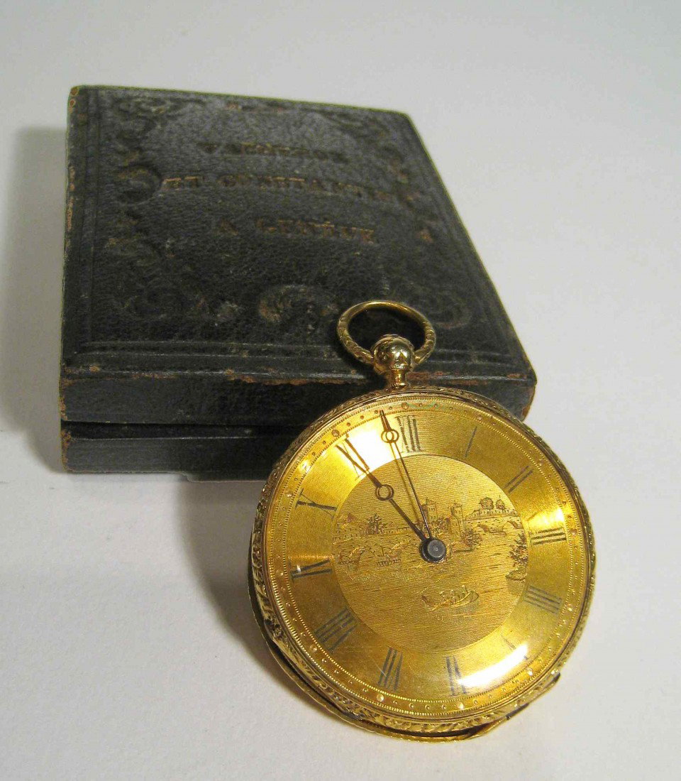 Vacheon & Constantin Pocket Watch: A ladies key wind gold open faced pocket watch by Vacheron & Conatantin, Geneva. The cylinder escapement watch with an engraved gold dial and back lid. The lid is detached from the watch, needing a hi