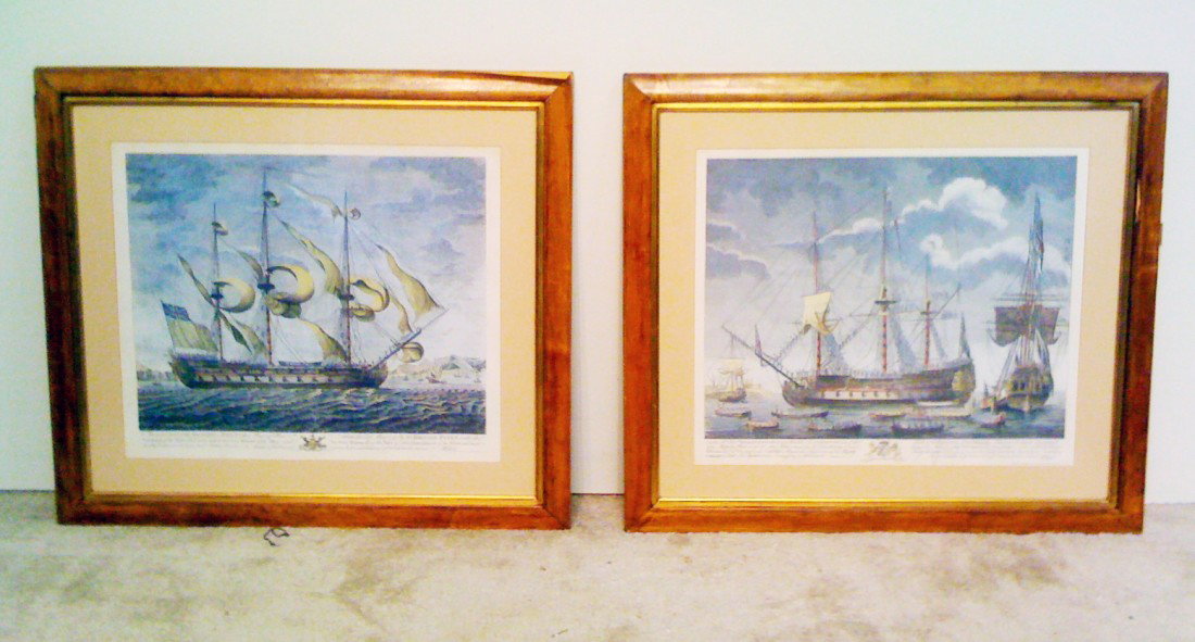 Pair Of Naval Ships Prints: Two framed antique prints of British Naval ships of line that are hand colored and matted with burl wood frames, each 24 1/2" X 29".