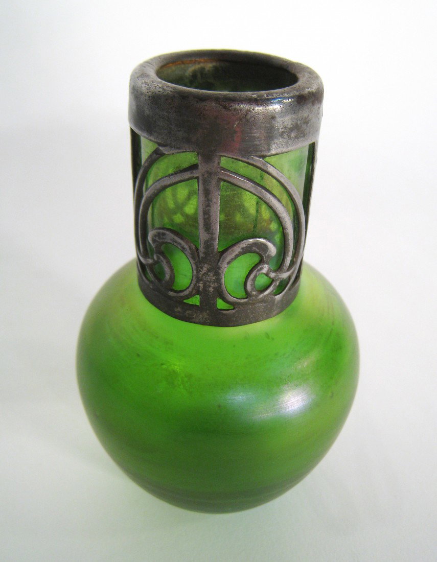 Green Glass Vase: Topped with silver overlay.