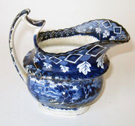 Jedbrough Abbey Creamer: A 4 3/4" creamer showing Jedbrough Abbey, a rare pattern in dark blue c 1825. Display piece only- has been broken and re-glued.