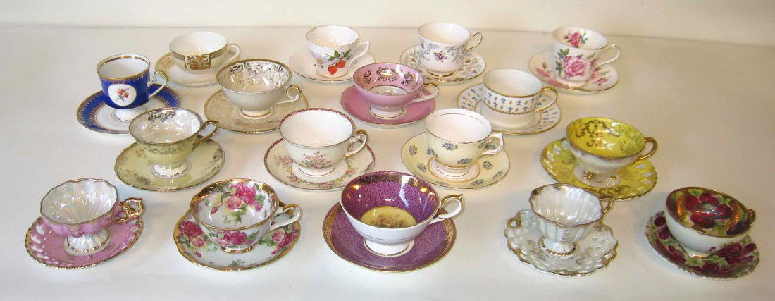 Seventeen Assorted Cups And Saucers: A group of 17 different tea cups and saucers. A wonderful assortment of high quality porcelain.