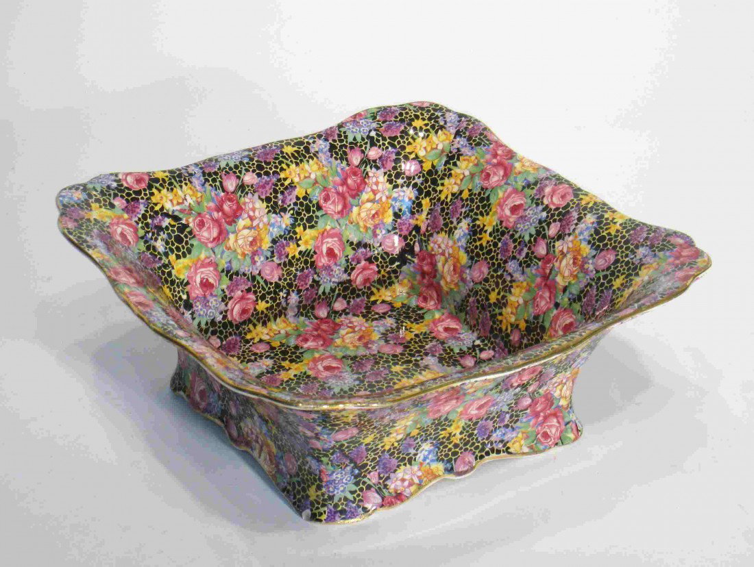 Royal Winton Ceramic: A 8" square transfer decorated planter marked as the "Hazel".