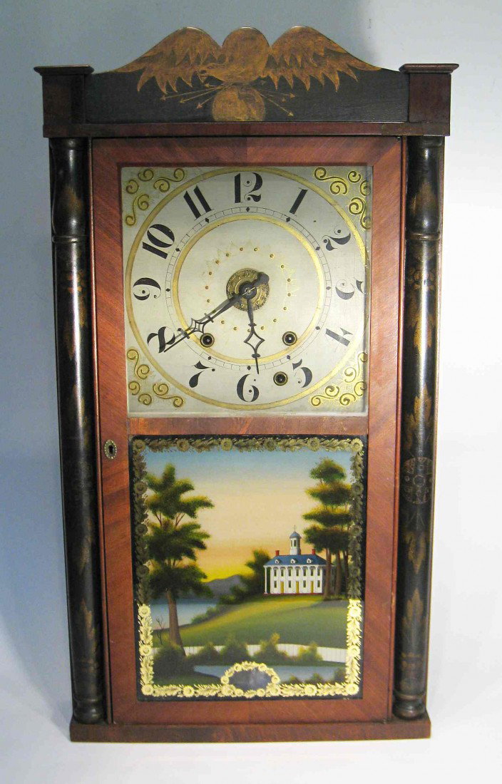 Shelf Clock Showing Mt Vernon: An early New England stencil decorated spilt column shelf clock by M & E Blakeslee with an alarm mechanism. The reverse painted lower glass depicts Mt. Vernon and is a 20th century restoration by Tom 