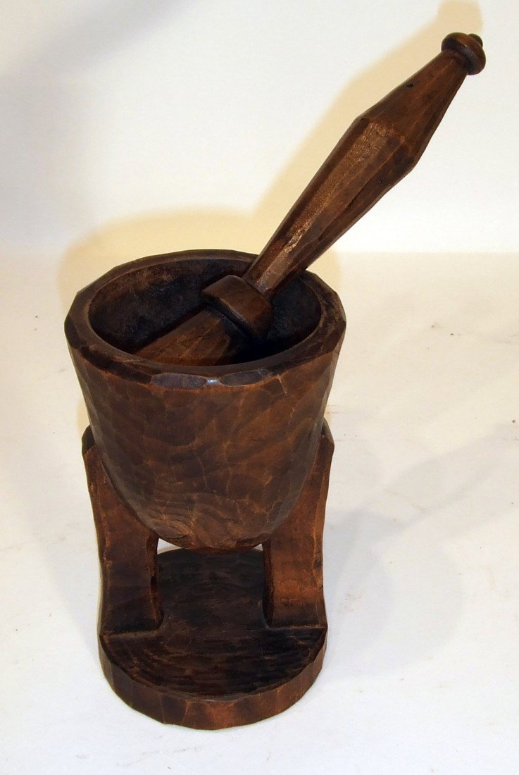 Hand Carved Mortar And Pestle: About 10" in height.
