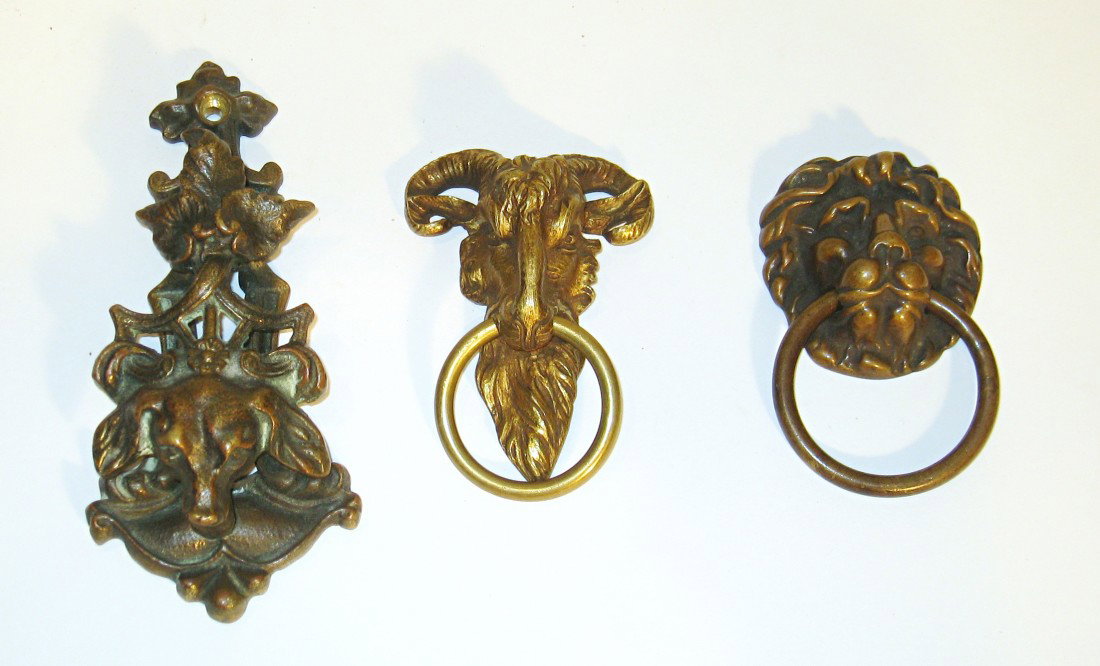 Door Knockers: Three brass door knockers - between 4" and 6"