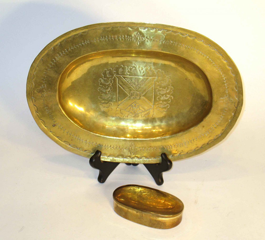 Brass Engraved Platter And Tinder Box: A 13" X 9" engraved brass platter together with a small oval hinged tinder box.