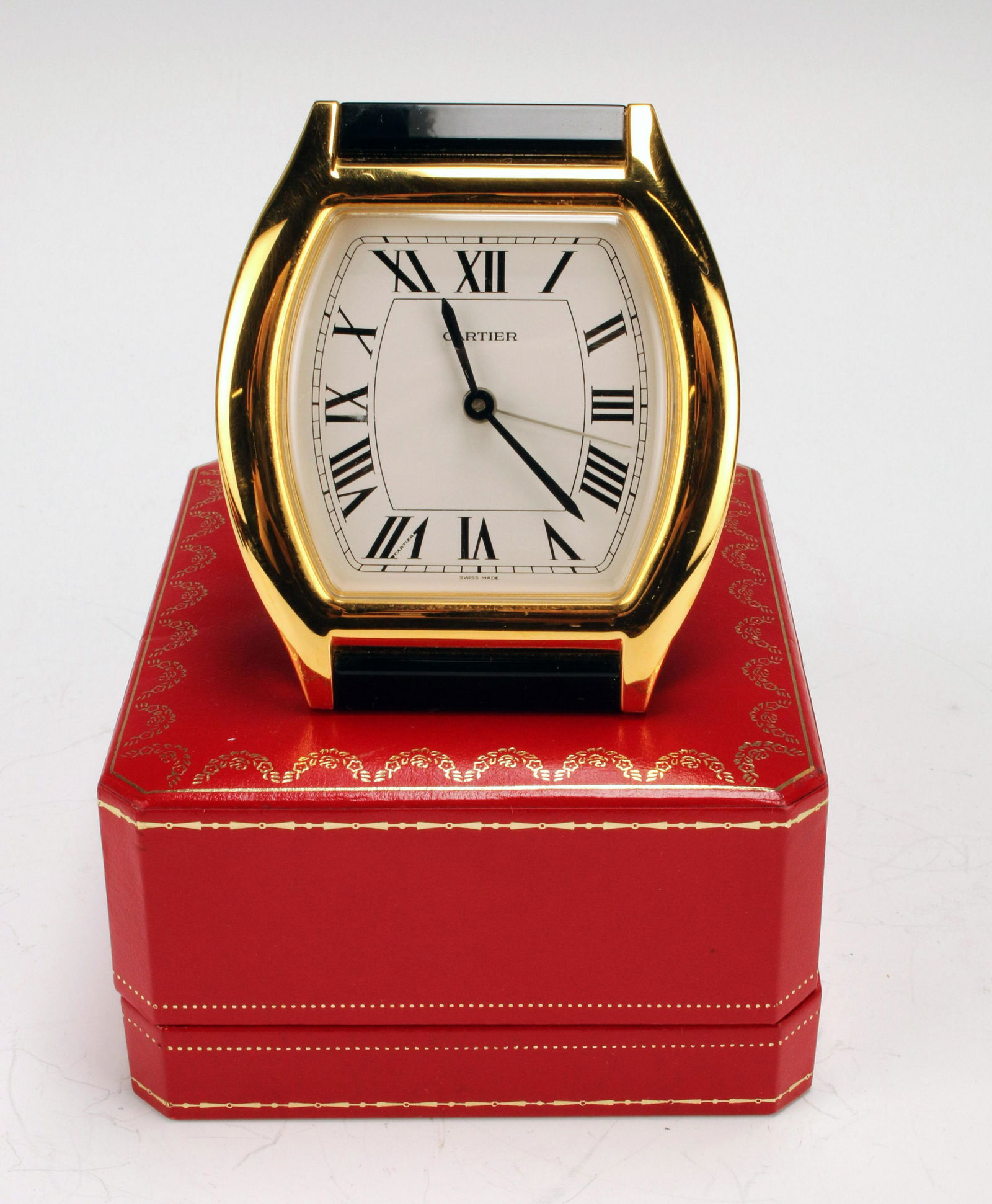 CARTIER PARIS TORTUE PENULETTE TRAVEL ALARM DESK CLOCK IN BOX: CARTIER PARIS TORTUE PENULETTE TRAVEL ALARM DESK C