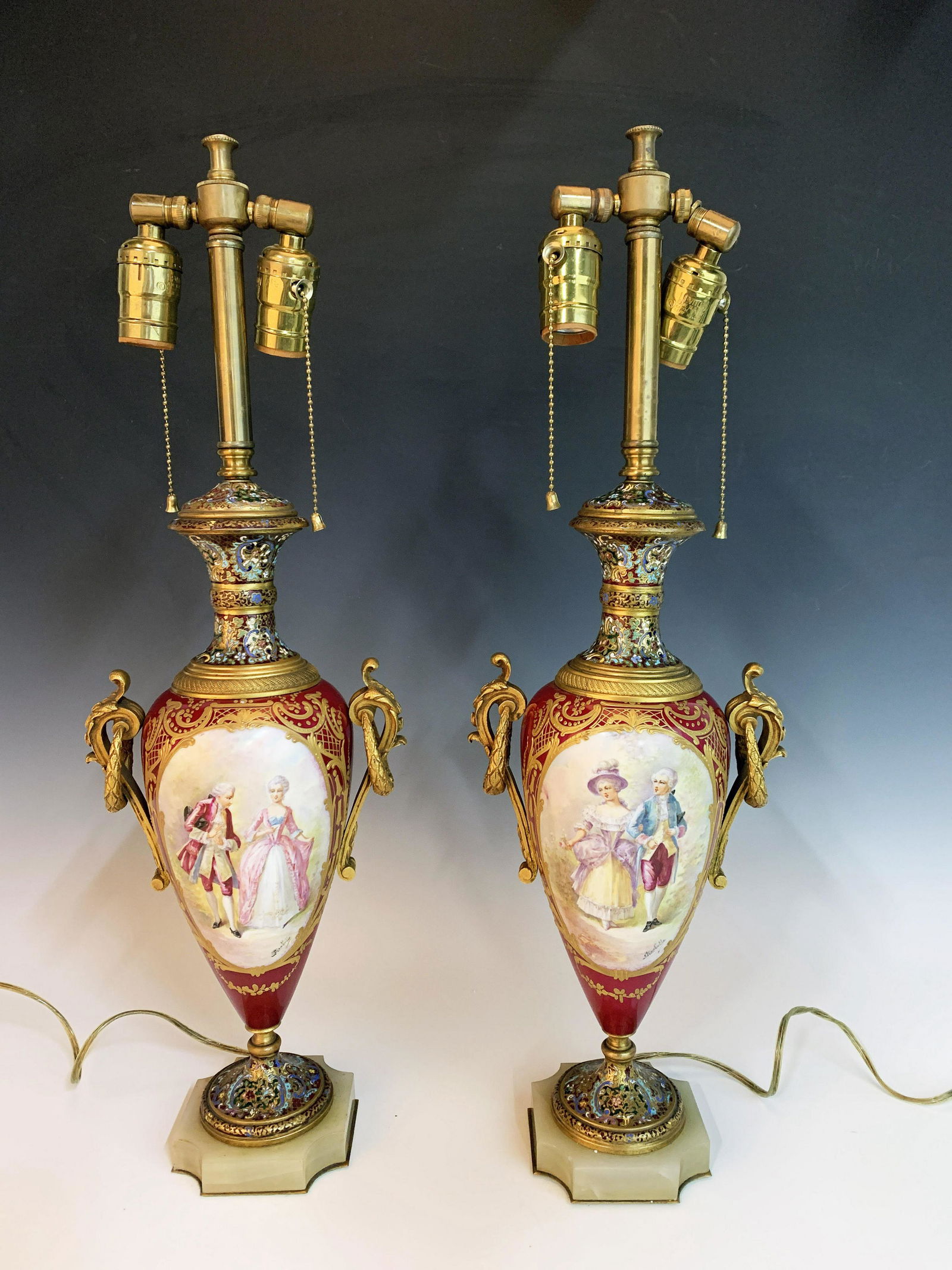 SIGNED SEVRES PAIR PORCELAIN, ENAMEL & BRONZE MOUNT LAMPS (1 of 13)