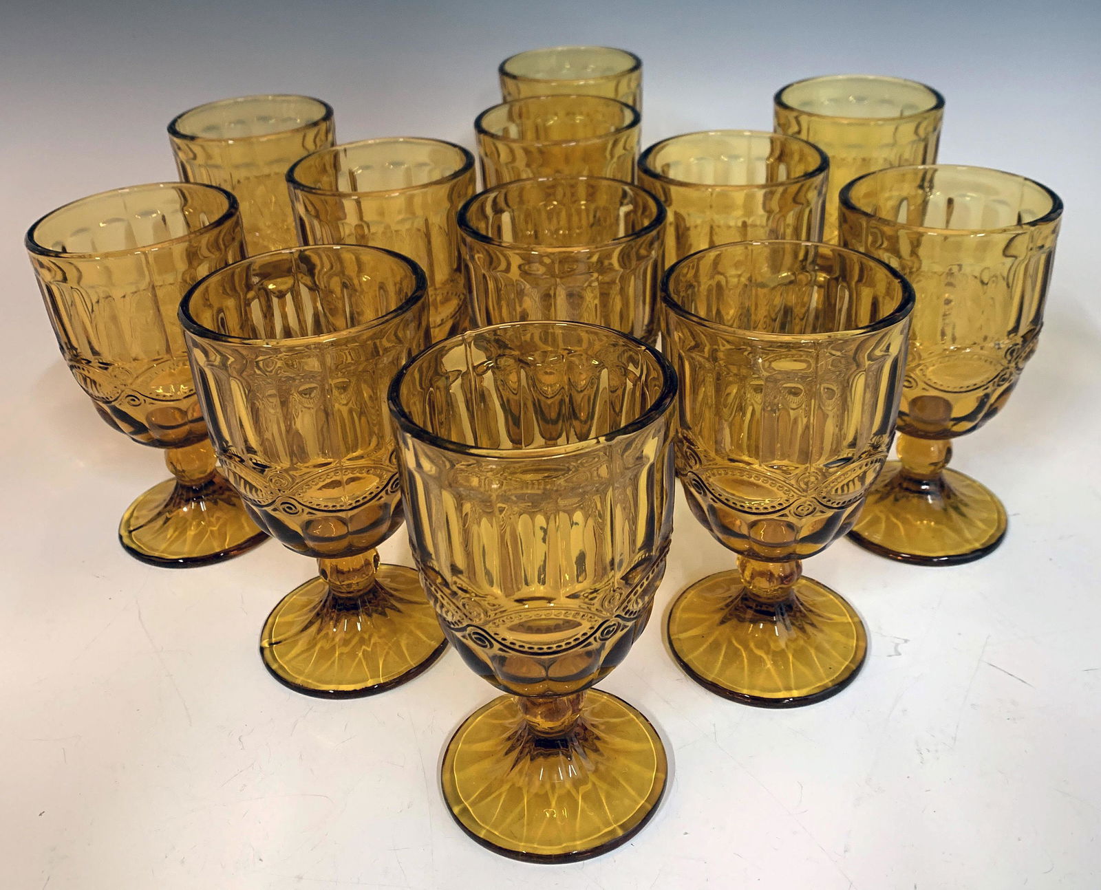 12 AMBER DEPRESSION PRESSED GLASS GOBLETS (1 of 3)