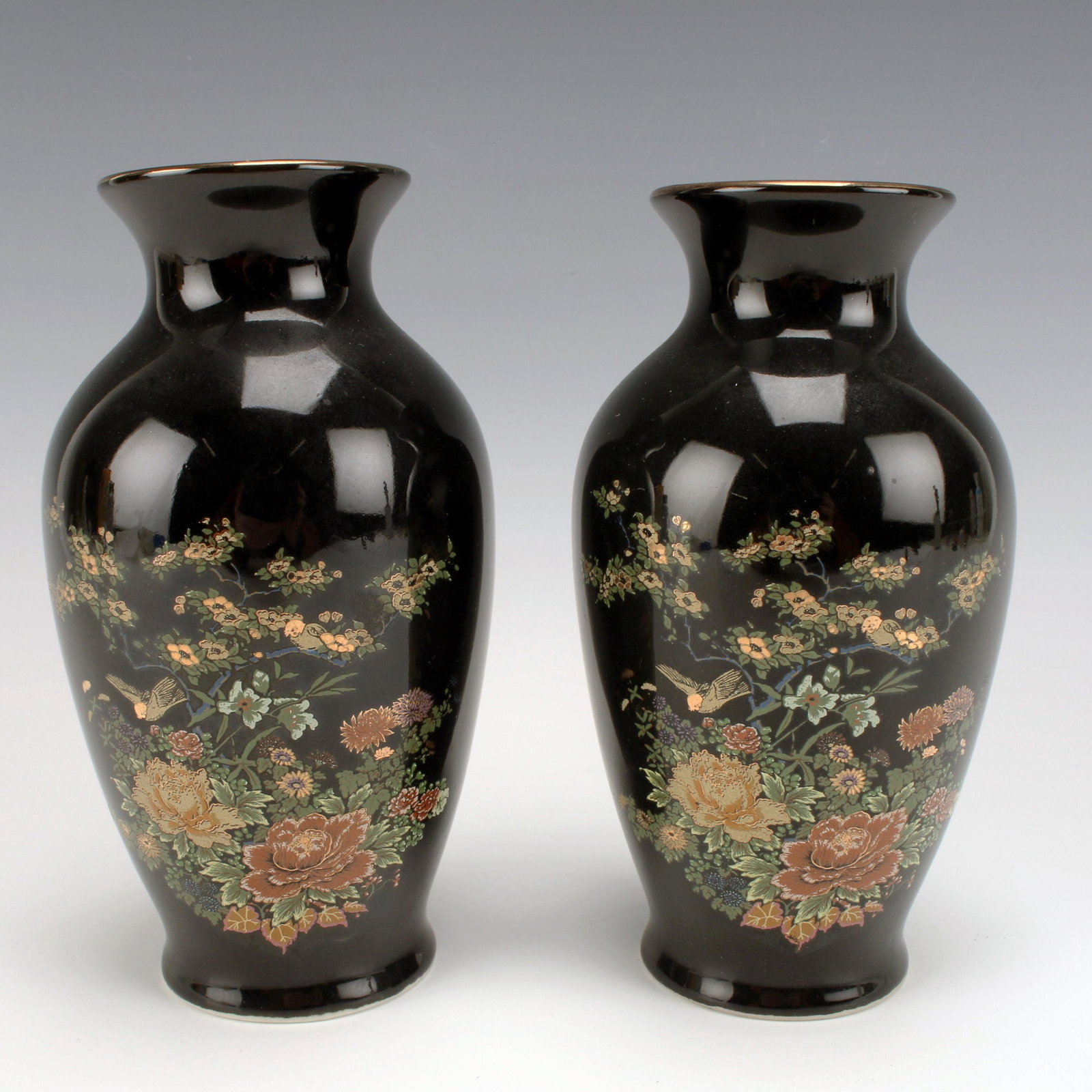 PAIR BLACK FLORAL VASES (1 of 4)