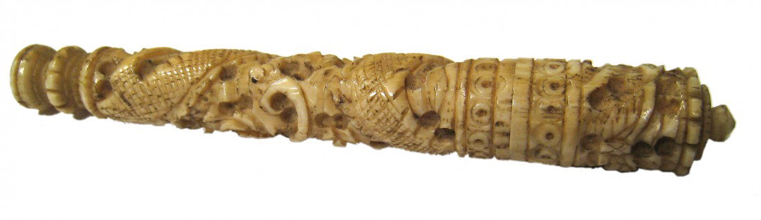 Toothpick Holder: A carved ivory 3 1/4" two piece toothpick holder, having a screw on cap