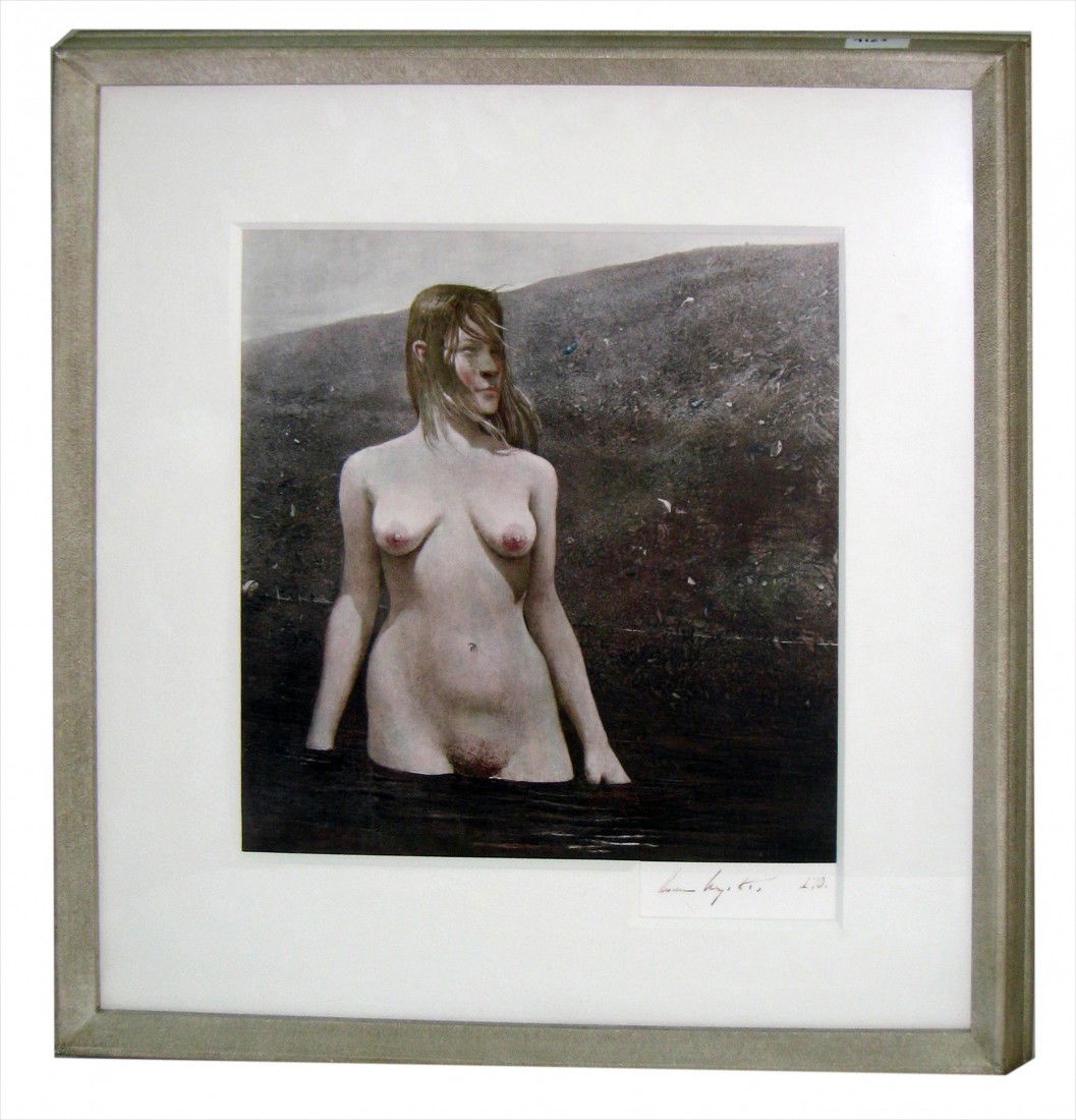 Andrew Wyeth Collotype Lady In Water: A collotype print of a nude young lady standing in water, masked to sight size of 14" X 13 1/2" and within a studio frame. Signed, lower right "Andrew Wyeth 170."