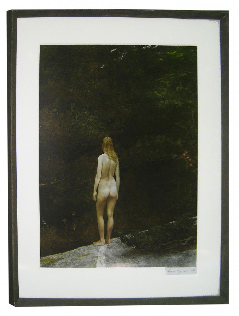 Andrew Wyeth Collotype: A collotype print masked to dimensions of 26" X 20 1/2" of a nude young lady on a towel, all within a studio frame. Signed lower right "Andrew Wyeth 170".