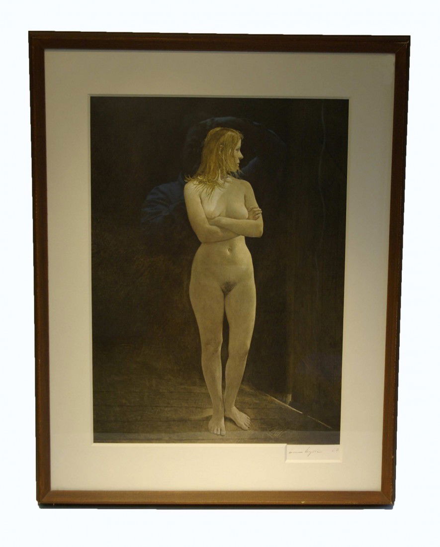 Andrew Wyeth " Indian Summer": A collotype print signed, lower right, "Andrew Weyth 170", titled "Indian Summer" and a young lady standing on a rock. Within a studio frame.