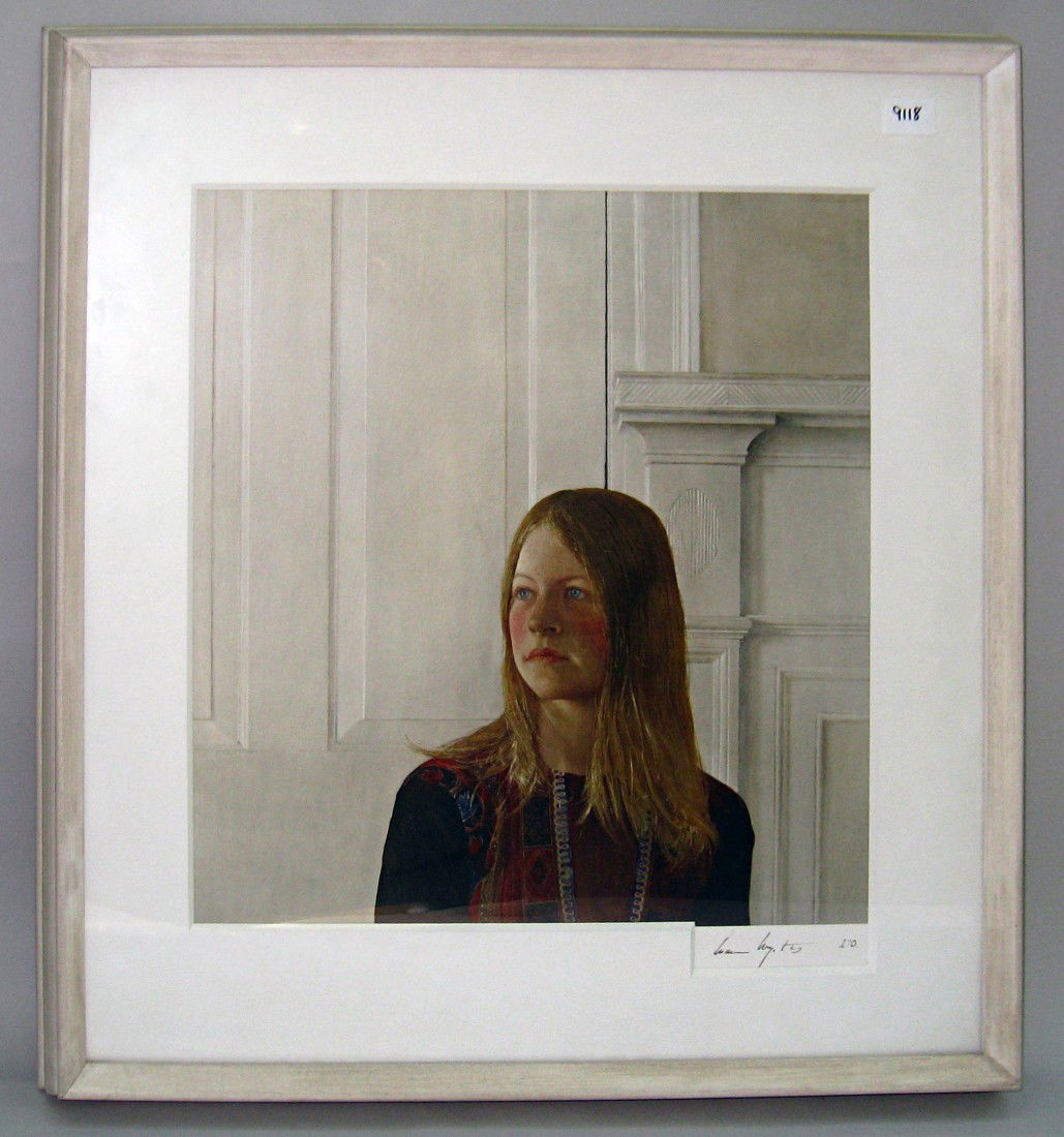 Andrew Wyeth Collotype: A framed collotype print of of a young lady within a white room. Measures 19 1/2" X 16 1/2" and signed in ink, lower right "Andrew Wyeth, 170".