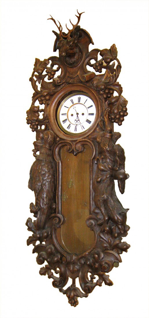 "Black Forest" Wall Clock : In overall poor condition, although with potential for the restorer. This 48" Black Forest clock case likely has the correct kind of movement ( a two weight powered German or Austrian long pendulum cl