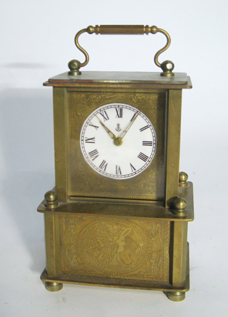 Brass Desk Clock By Gustav Becker Co: A brass desk alarm and music box clock signed "GB" (Gustav Becker) and "Dresden" and dated 1899. The music box not working.