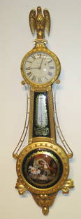 Waltham Girandole Timepiece Serial # 1: An important 48" X 15" Girandole timepiece by Waltham with an unusual added thermometer in the throat. This example, serial #1 via stamping on the case, is possibly the first of what was probably