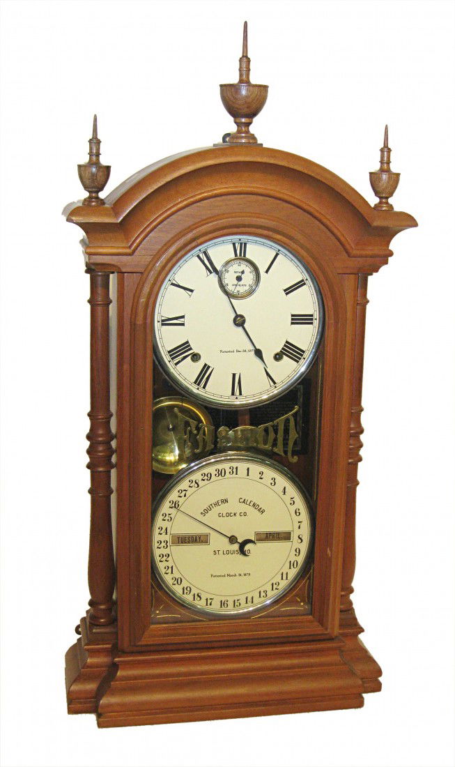 Fashion Calendar Clock: This, with a gold leaf reverse painted glass, and restored dials. Has the Seth Thomas label. 31" high.