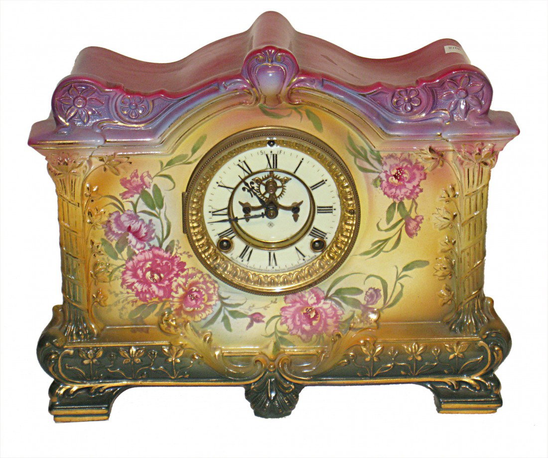 Ansonia Royal Bonn Clock, "La Palma": A 13 1/2" late 19th century Art Nouveau clock by Ansonia with a German porcelain case by Royal Bonn.