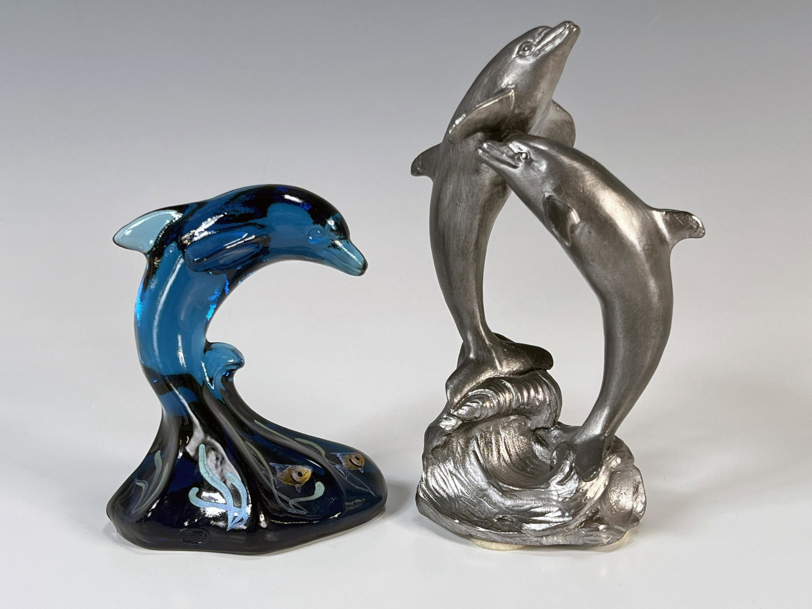 METAL RICKER & SIGNED GLASS DOLPHIN STATUES: METAL RICKER & SIGNED GLASS DOLPHIN STATUES