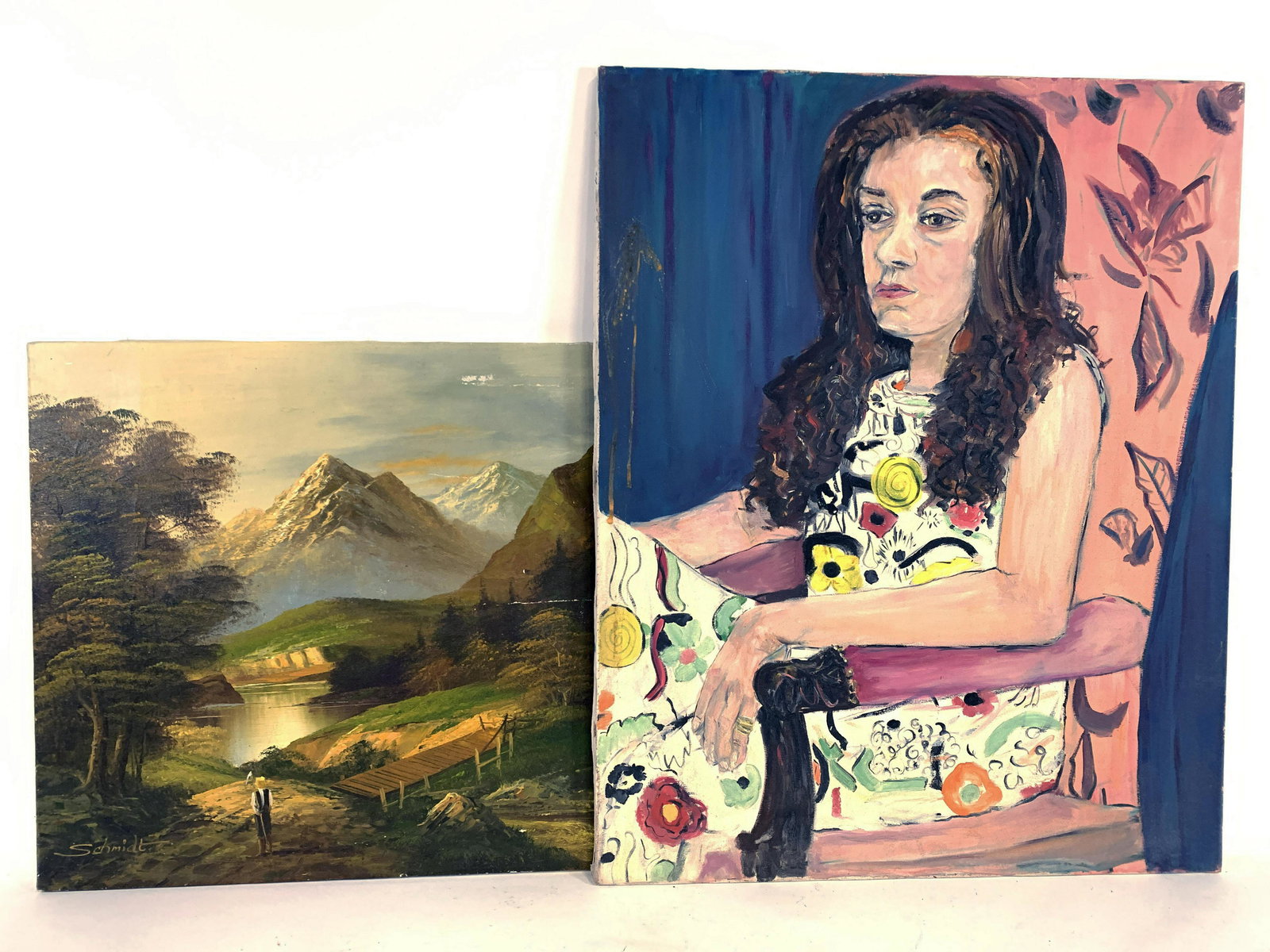 2 OIL PAINTINGS MOUNTAIN LANDSCAPE & PORTRAIT OF GIRL (1 of 5)