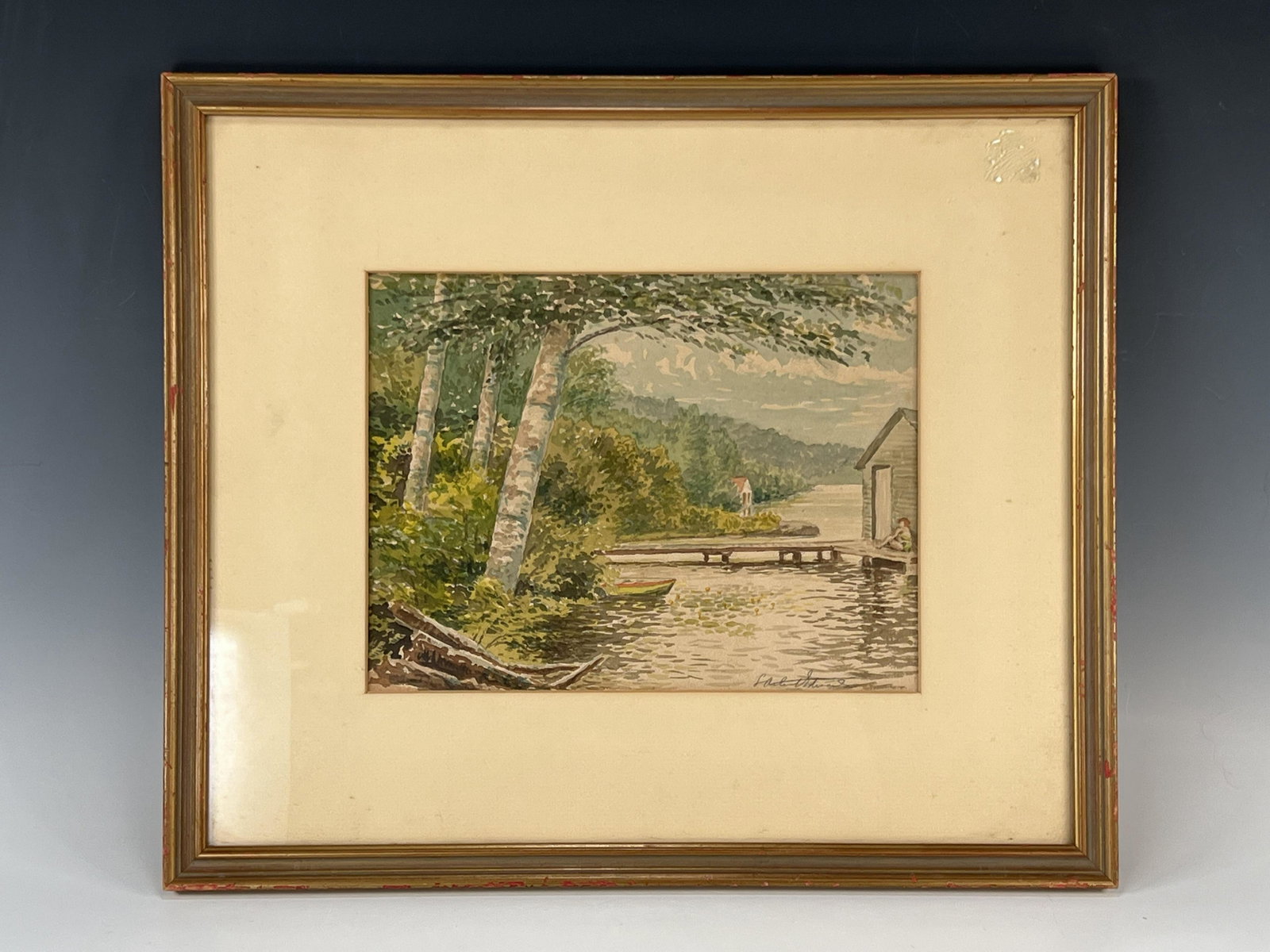 SIGNED WATERCOLOR OF RIVER DOCK WITH BIRCH TREES: SIGNED WATERCOLOR OF RIVER DOCK WITH BIRCH TREES</
