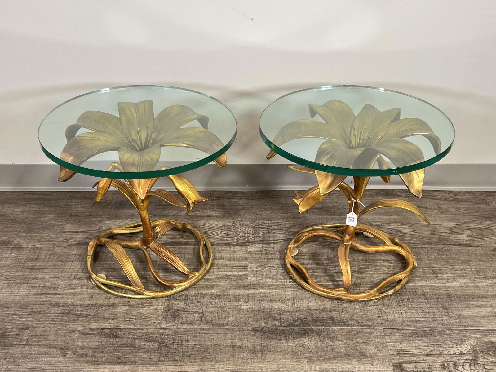PAIR HOLLYWOOD REGENCY GOLD LILY END TABLES (1 of 8)