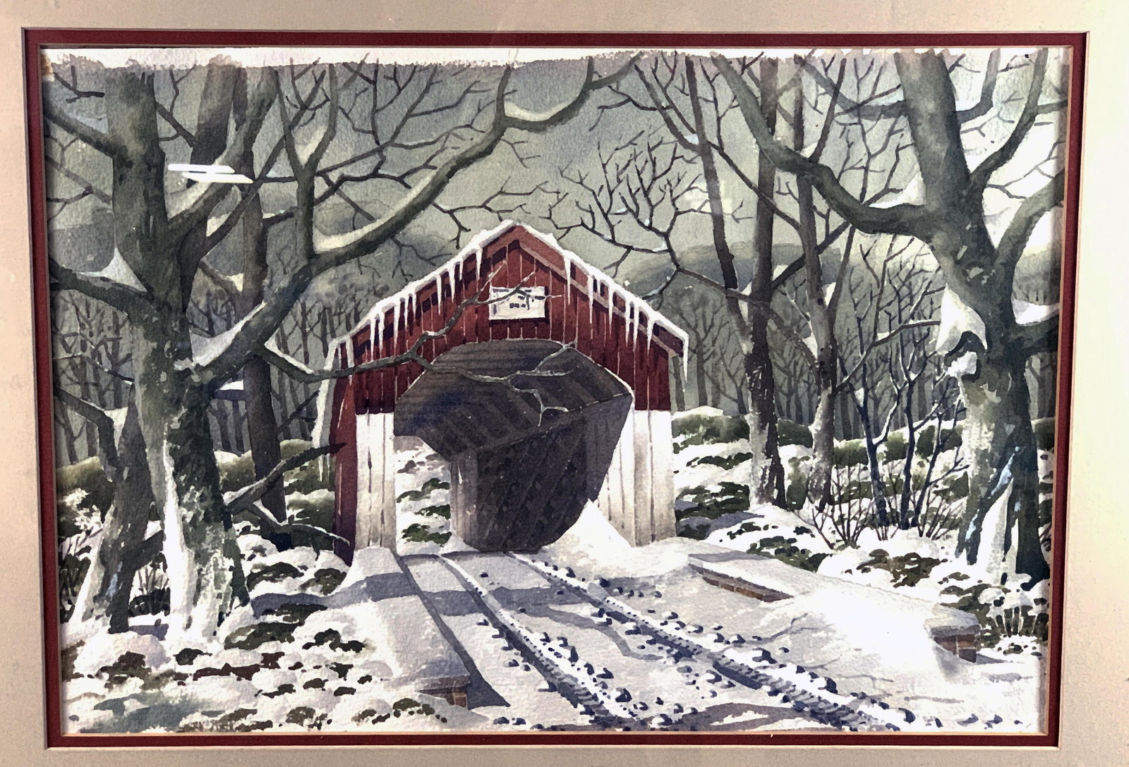WATERCOLOR PAINTING OF COVERED BRIDGE IN THE SNOW (1 of 3)
