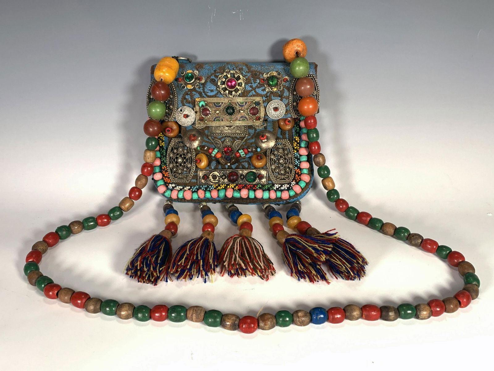 TIBETAN LEATHER PURSE WITH WOODEN MALA SHOULDER STRAP (1 of 4)