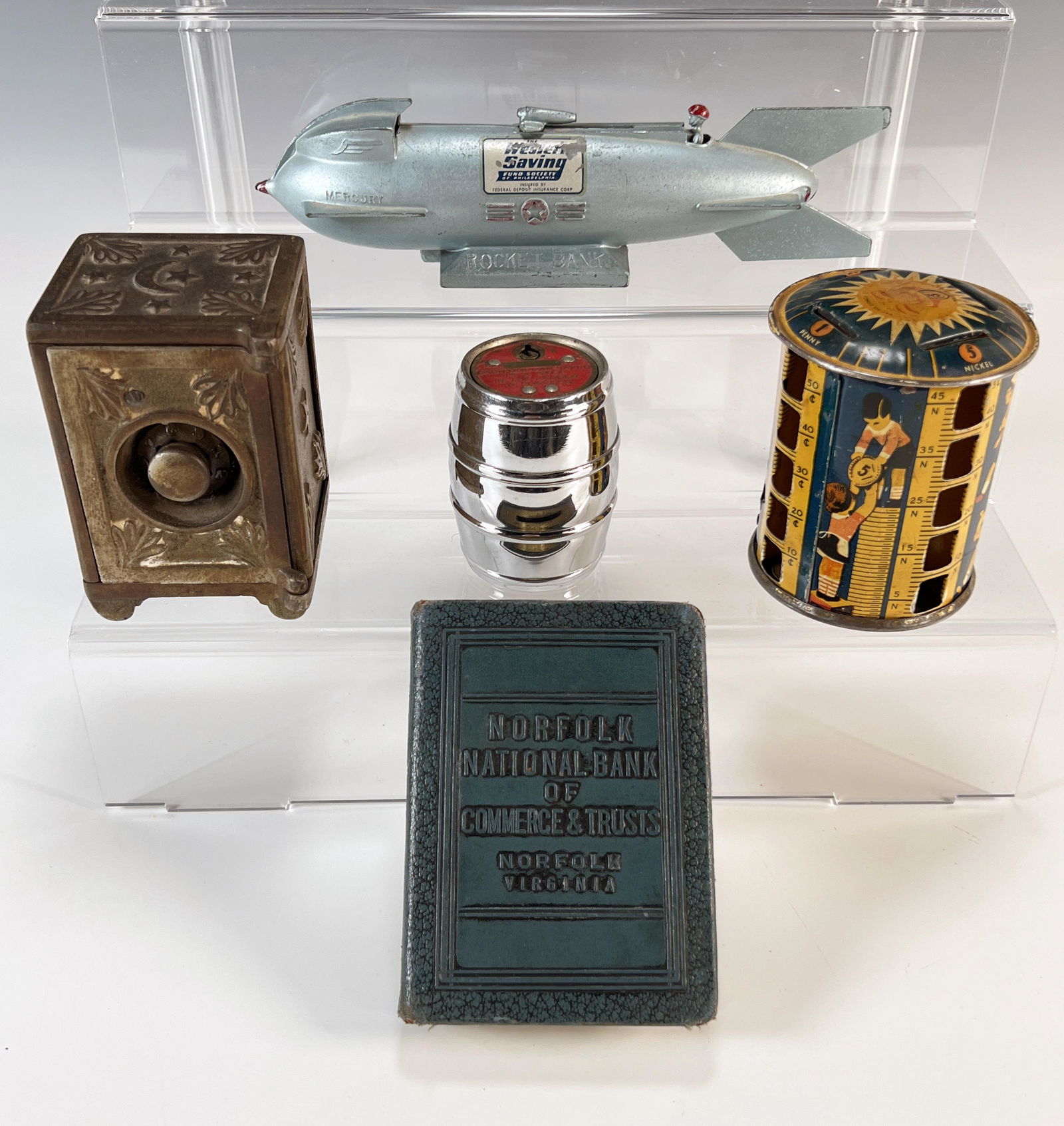 FIVE VINTAGE COIN BANKS (1 of 13)