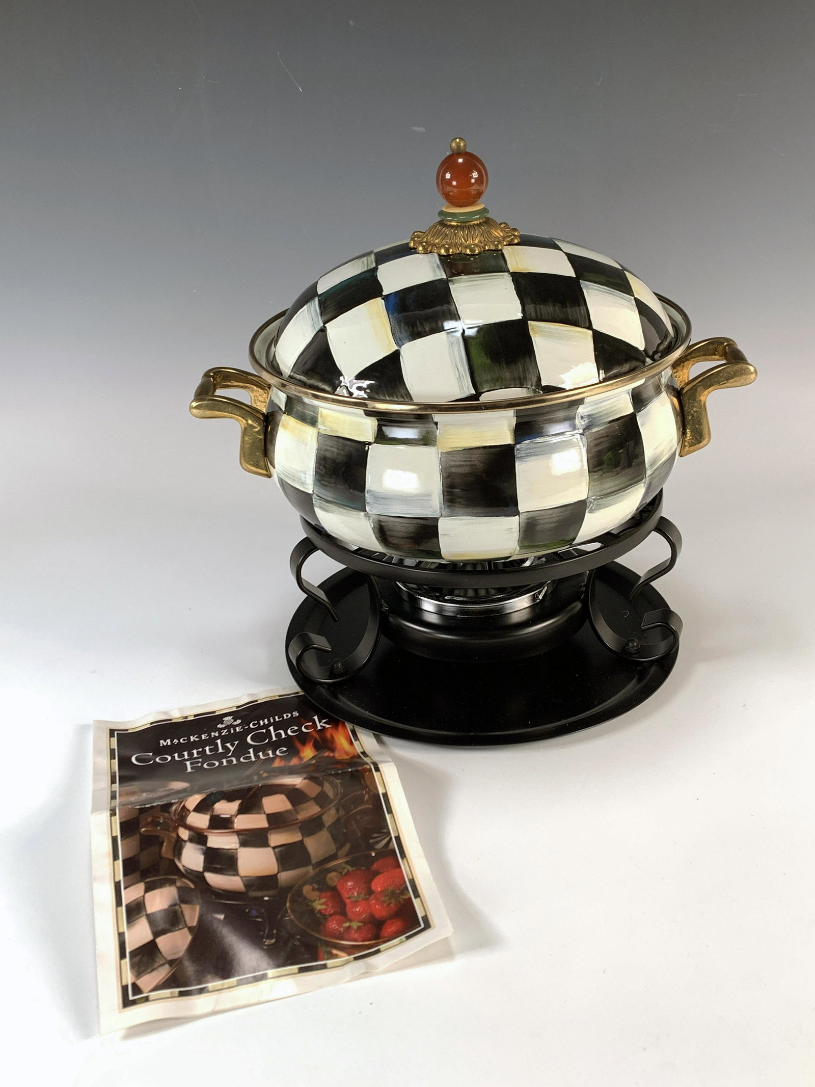 MACKENZIE CHILDS COURTLY CHECK FONDUE POT & WARMER: MACKENZIE CHILDS COURTLY CHECK FONDUE POT & WARMER