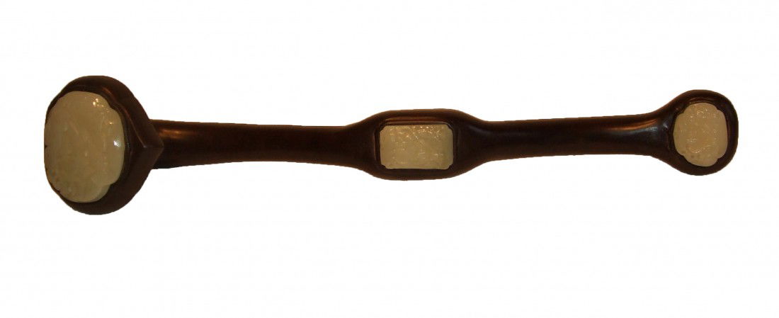 Magnificent Ruyi: A 15" Ruyi made from Zitan wood with three carved white jade inserted medallions. Shipping: We are unable to ship this item. Please contact our local UPS Store, store1152@theupsstore.com, for a quote.