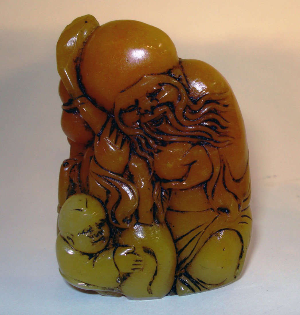 Soapstone Tian Huang Shou Lao: A light orange 3" soapstone carving without seal engraving of Shou Lao, God of longevity, with a new born nearby. Shipping: We are able to pack and ship this item to an address in the United States fo