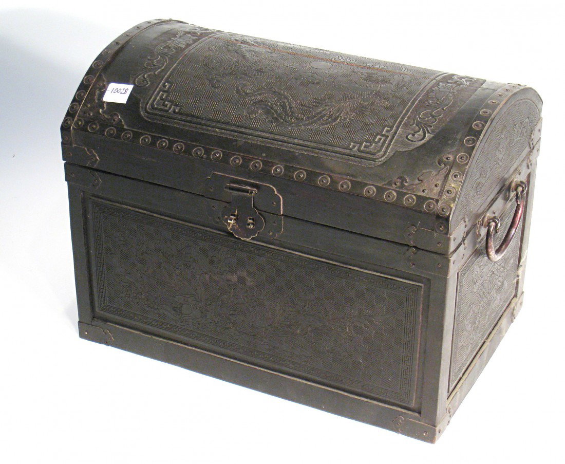 Possible Zitan Wood Jewelry Box: Brass bound, probably 19th century, measures 9" X 12" X 7 3/4", with fine in carving of dragons, birds, and spring flora. Included is an inset tray. Shipping: We are unable to ship this item. Please c