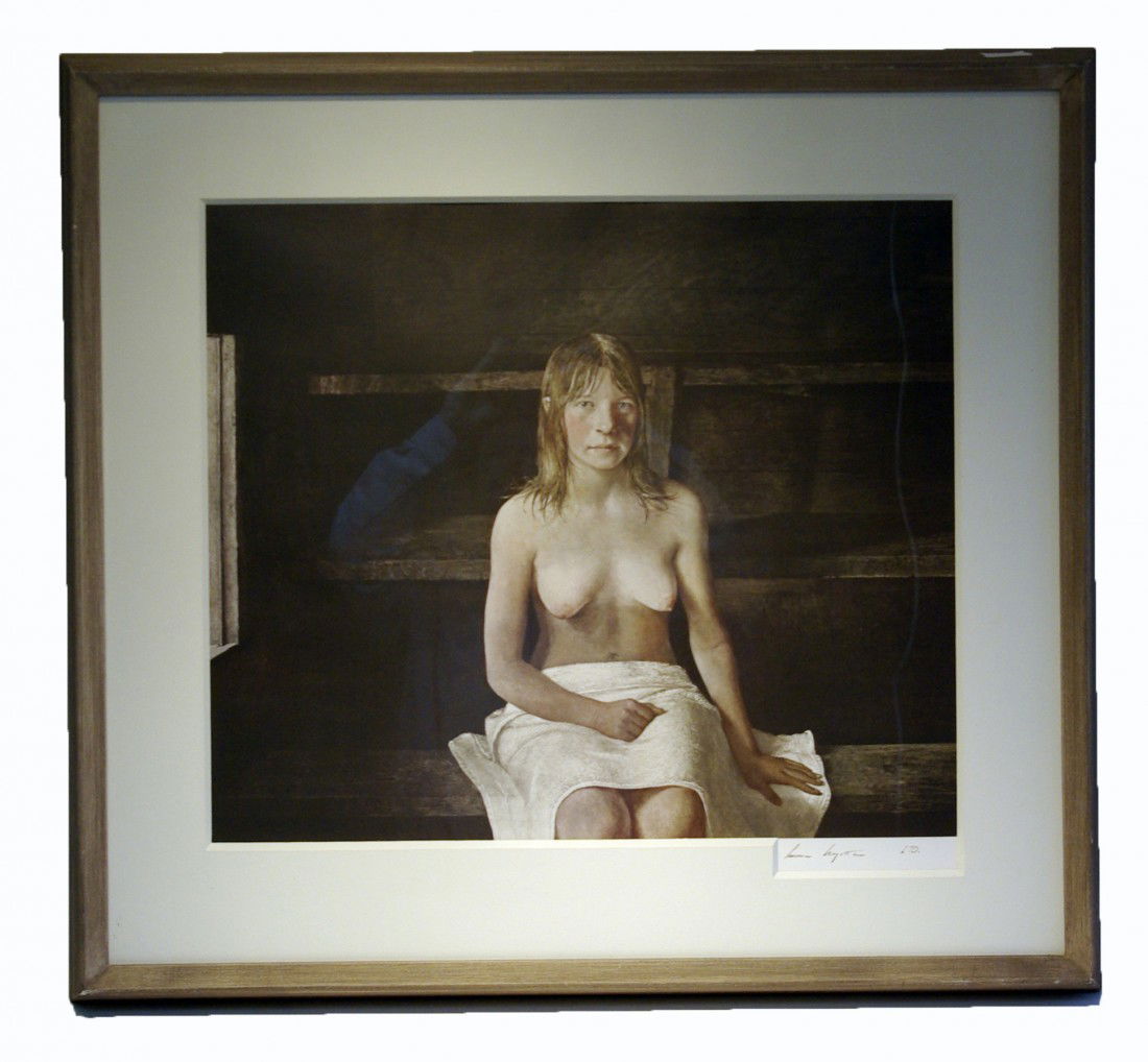 Andrew Wyeth Collotype Nude: A collotype print masked to dimensions of 26" X 20 1/2" of a nude in a studio frame. Signed lower right "Andrew Wyeth 170". Shipping: We are unable to ship this item. Please contact our local UPS Stor