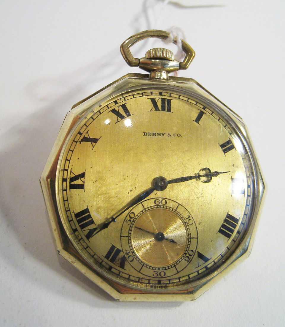 Longines Men's Dress Watch: The ten sided gold filled case, 43 mm in diameter, with a 17 jewel watch in running. Signed on the gold dial "Berry & Co." Shipping: We are able to pack and ship this item to an address in the United