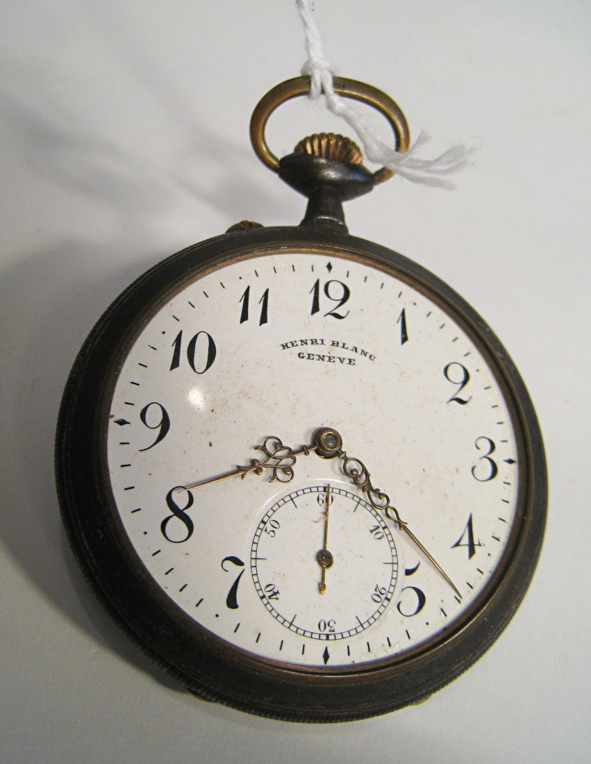 Gun Metal Cased Pocket Watch: Lacking crystal but running. The case is tarnished. Shipping: We are able to pack and ship this item to an address in the United States for $15.00 via USPS Priority Mail. Tracking information will be