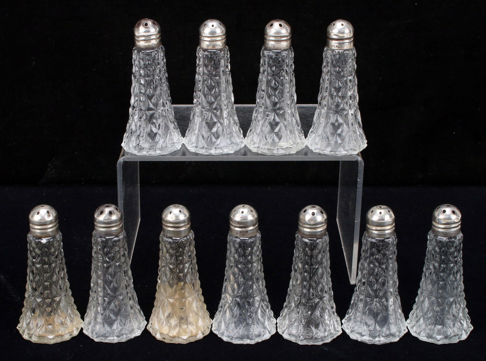11 SALT & PEPPER SHAKERS WITH STERLING TOPS: 11 SALT & PEPPER SHAKERS WITH STERLING TOPS