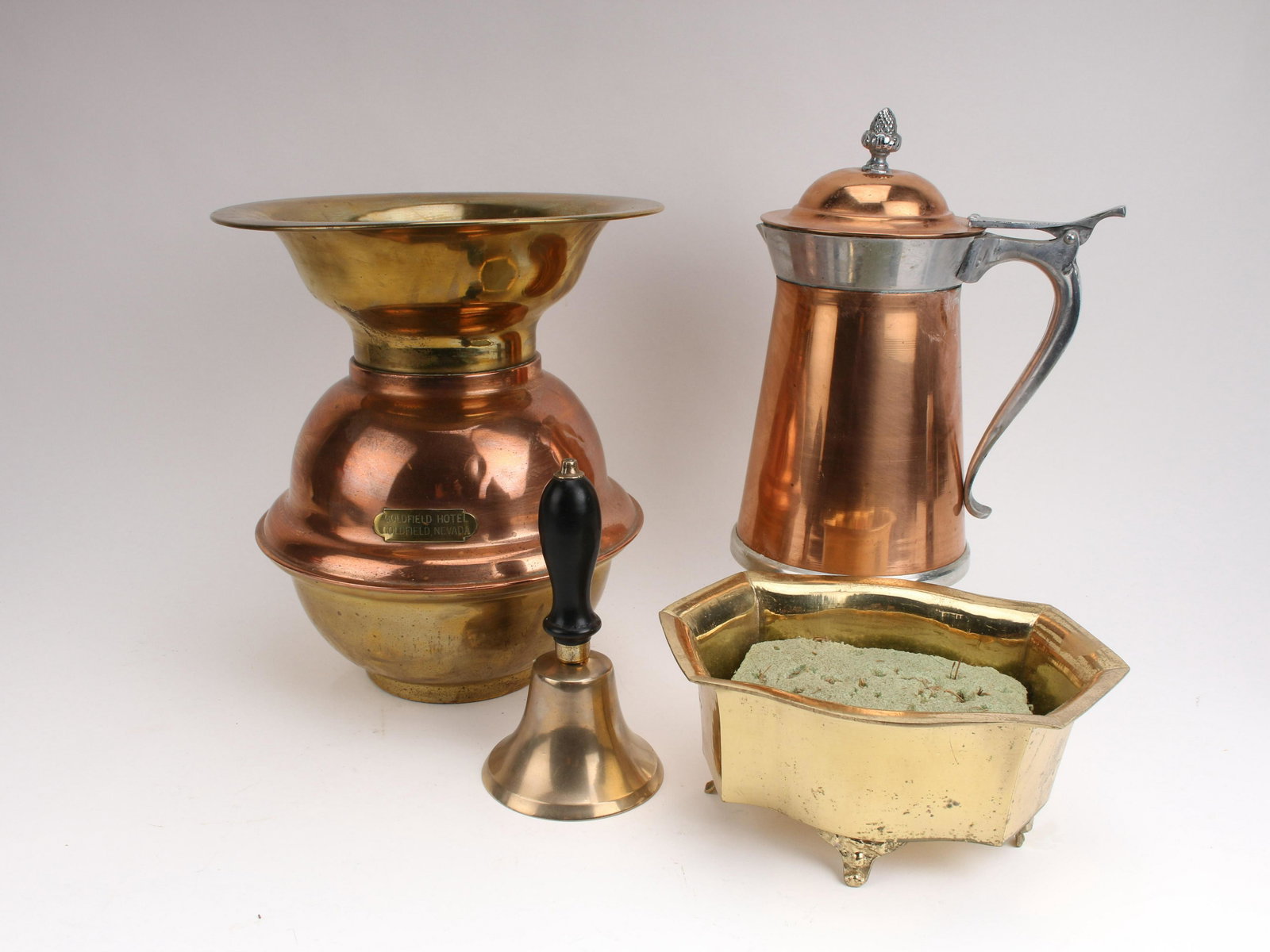 MIXED METAL LOT SPITTOON, COFFEE POT, BELL, PLANTER: MIXED METAL LOT SPITTOON, COFFEE POT, BELL, PLANTE