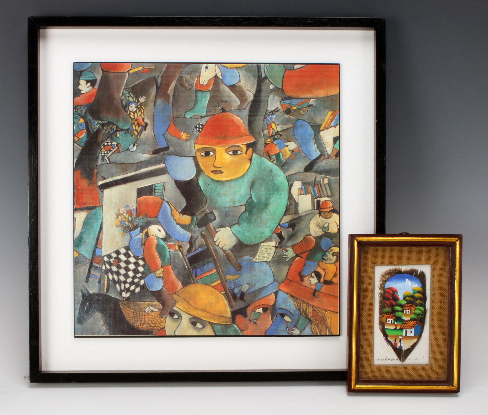 FRAMED PRINT WITH ONE PAINTED ON FEATHER: FRAMED PRINT WITH ONE PAINTED ON FEATHER