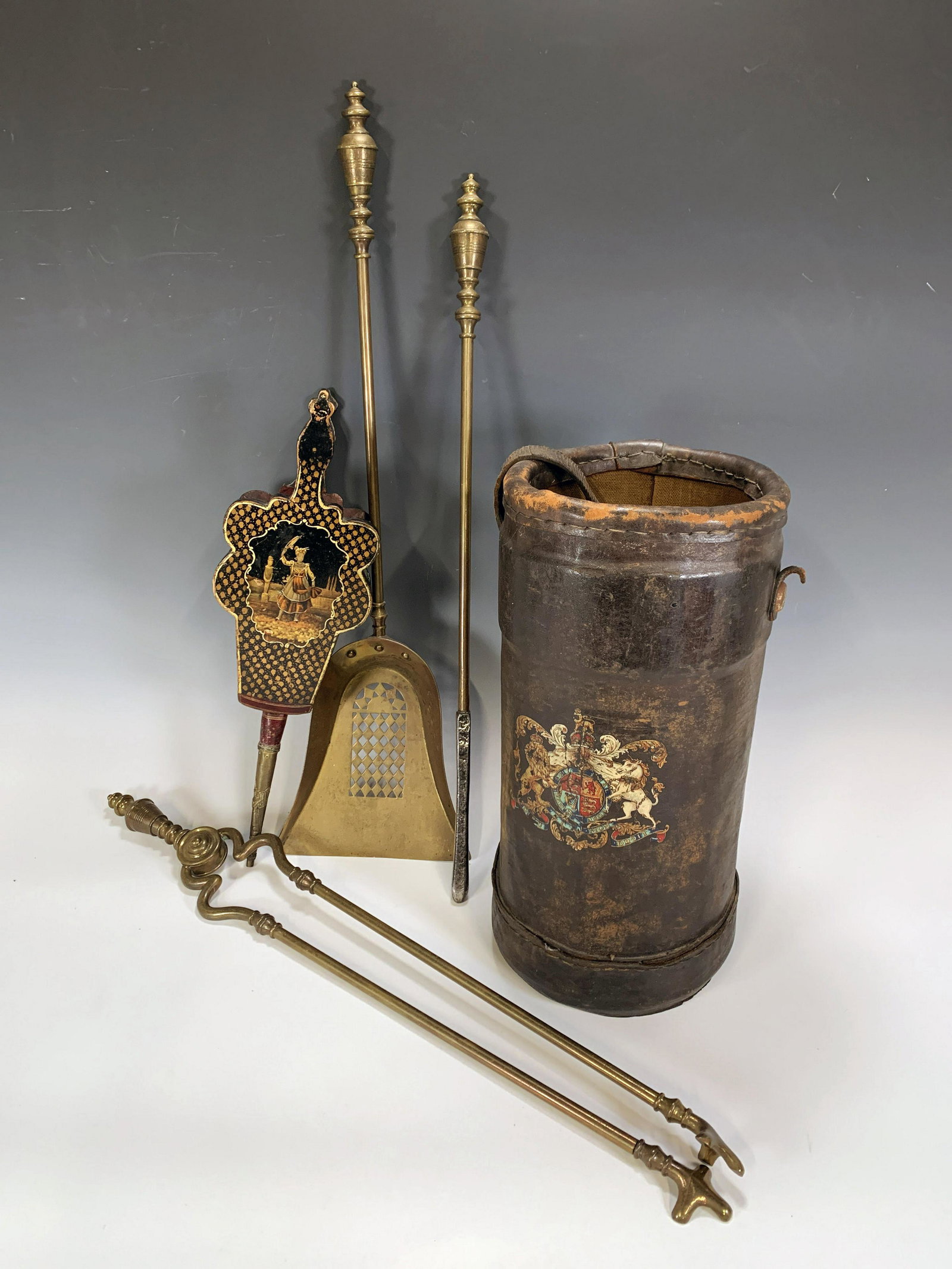 EARLY 19TH C ENGLISH FIREPLACE BUCKET & TOOLS: EARLY 19TH C ENGLISH FIREPLACE BUCKET & TOOLS<
