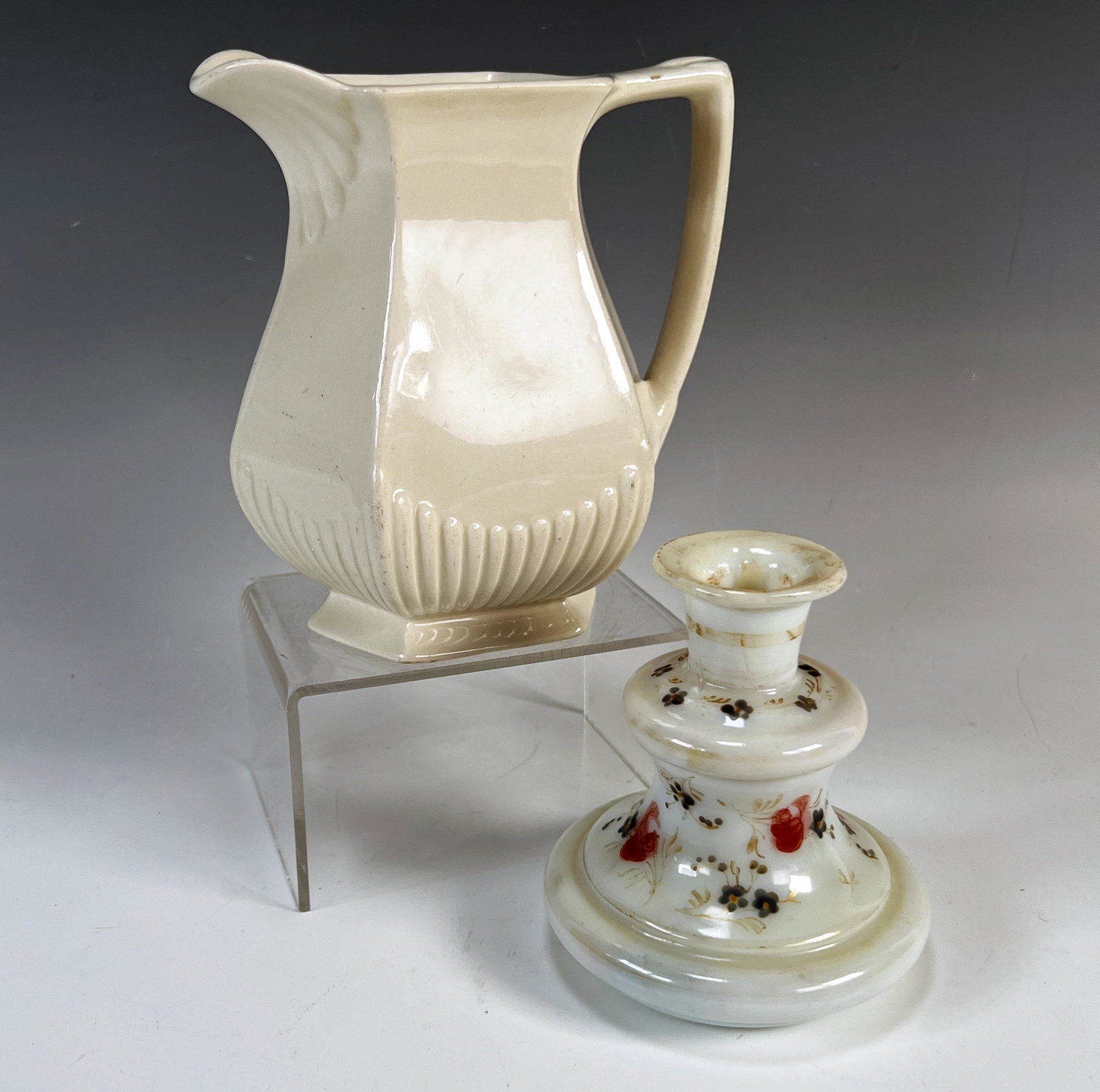CANDLESTICK & IRONSTONE PITCHER: CANDLESTICK & IRONSTONE PITCHER