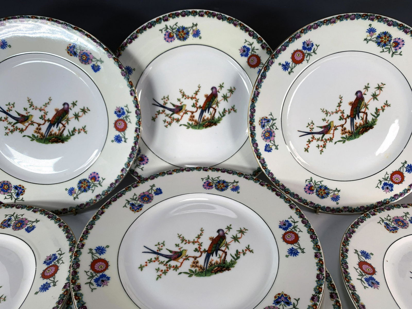 9 CZECH PHOENIX CHINA BIRD DINNER PLATES: 9 CZECH PHOENIX CHINA BIRD DINNER PLATES