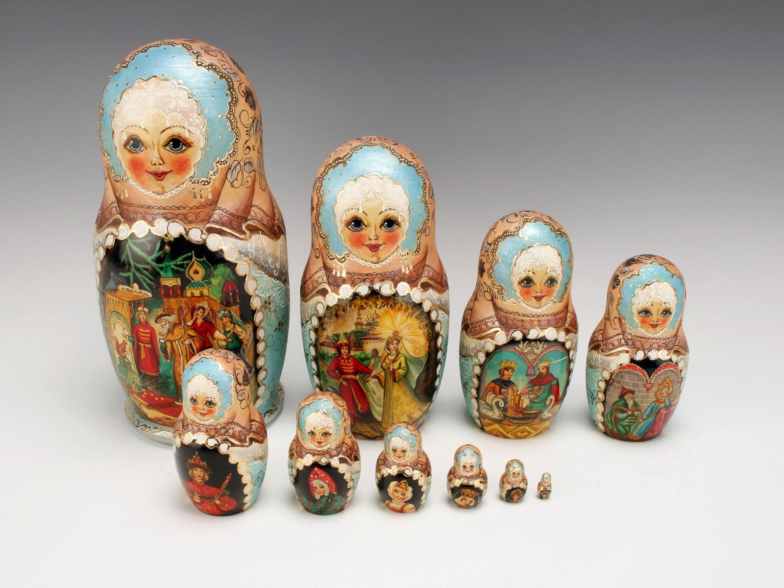 TEN PIECE HAND PAINTED RUSSIAN NESTING MATRYOSHKA SET OF FAMOUS RUSSIAN FAIRY TALES (1 of 9)
