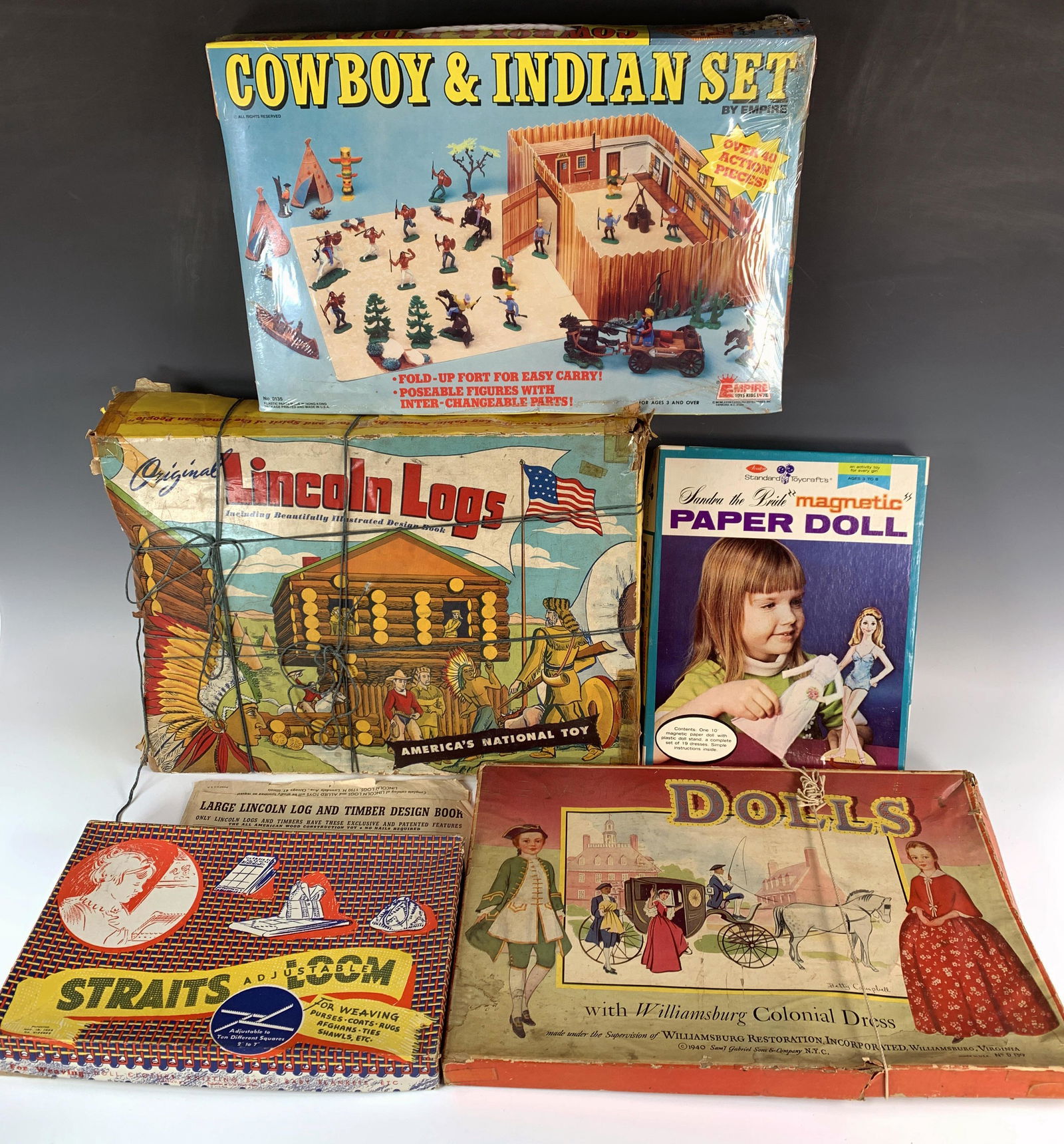VINTAGE GAMES & ACTIVITY SETS 1940S - 1970S LINCOLN LOGS, EMPIRE COWBOYS & INDIANS (1 of 9)