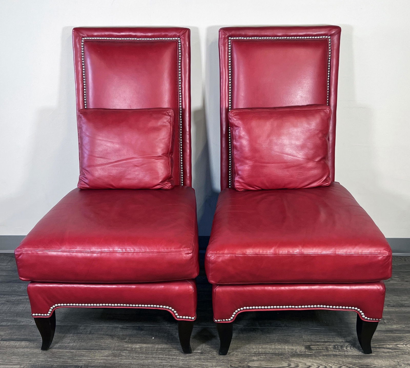 PAIR RED LEATHER TALL BACK CHAIRS (1 of 4)