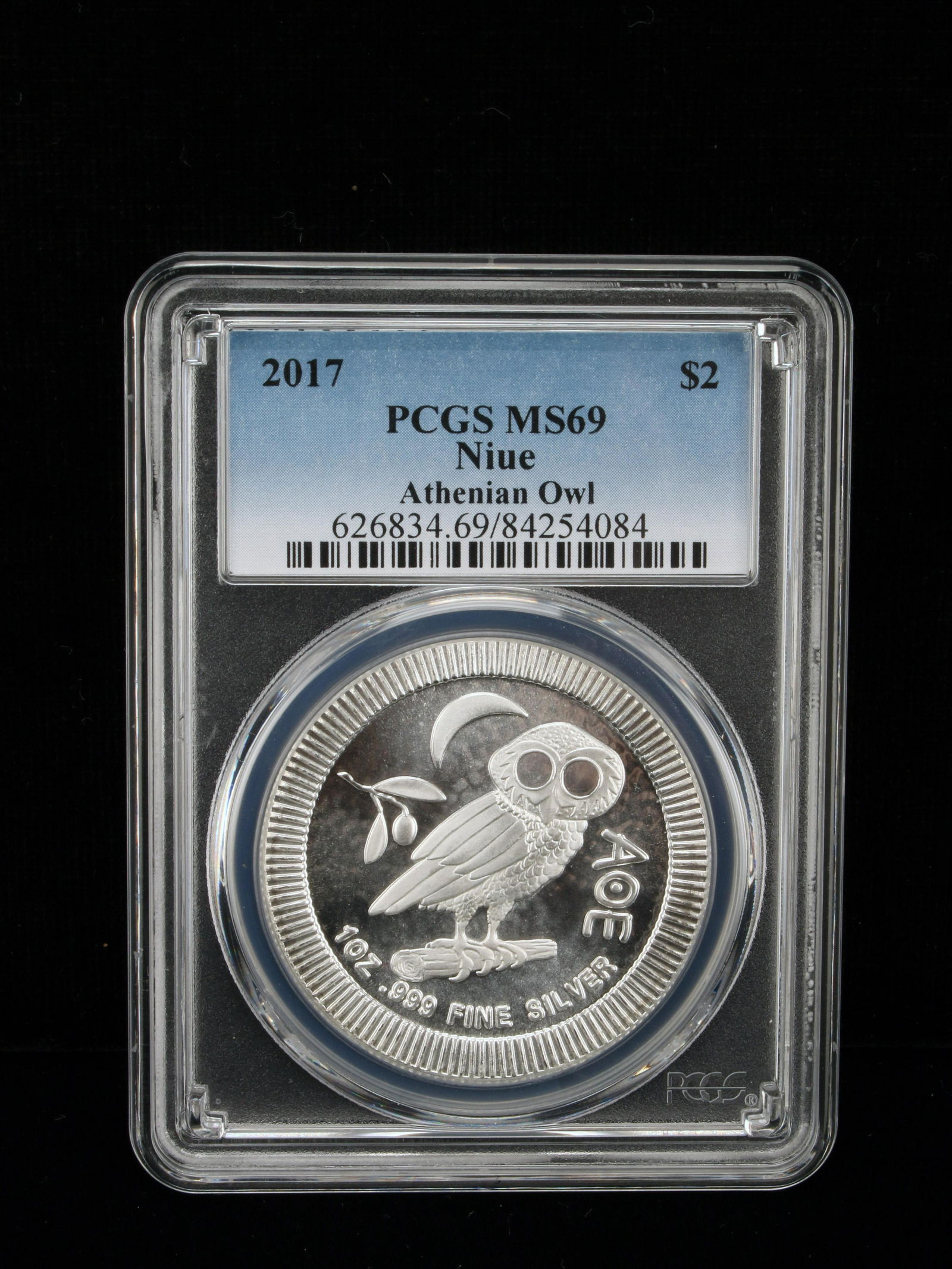 2017 $2 NIUE SILVER ATHENIAN OWL PCGS MS69 COIN: 2017 $2 NIUE SILVER ATHENIAN OWL PCGS MS69 COIN