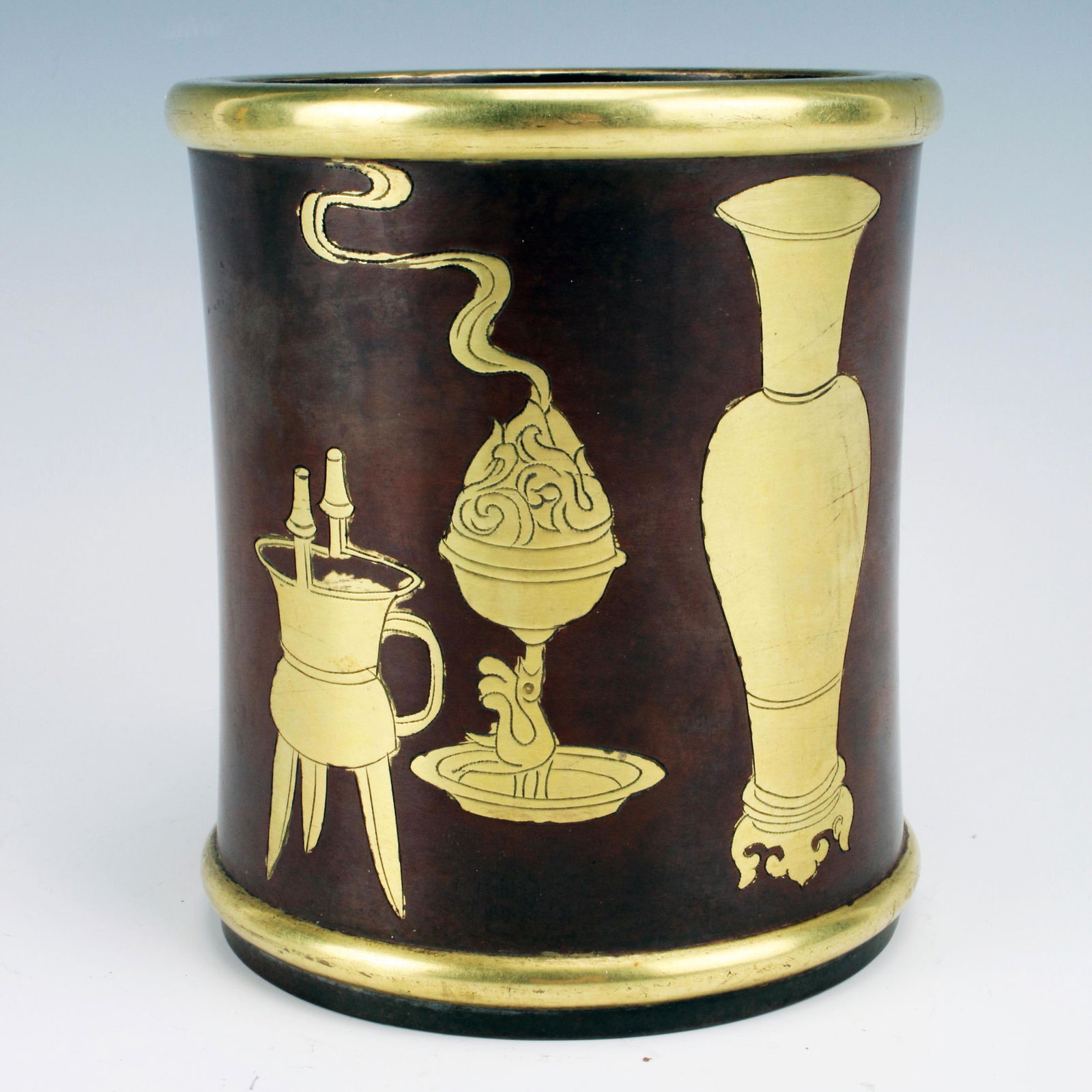 CHINESE BRONZE BRUSH POT OF SCHOLARS ITEMS (1 of 6)